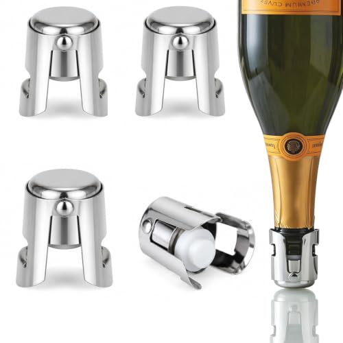 4 Pcs Champagne Stoppers, Stainless Steel Wine Bottle Stoppers Can Effectively Prevent Gas Leakage and Oxidation, Reusable Wine Stopper with Lock Clip for Keep The Bubbles Fresh