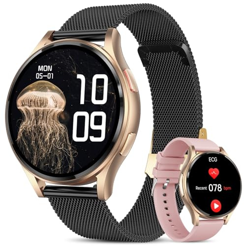 Lgnitek Smartwatch Damen mit EKG+HRV/Blutdruck/BMI/Harnsäure, Rund 1,43 AMOLED Gesundheitsuhr Damen mit Telefonfunktion, 24H Pulsuhr Schlafmonitor Menstruationszyklus für Fitness Tracker iOS Android