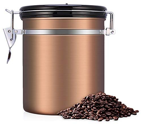 EECOO Kaffeedose, Kaffeedose Luftdicht, Kaffeedose Edelstahl, Kaffeebehälter Luftdichte Aromadose Vorratsdose Edelstahldose Vakuum Dose für Kaffeebohnen, Pulver, Tee, Nüsse, Kakao(Goldene, 1.5 Liter)