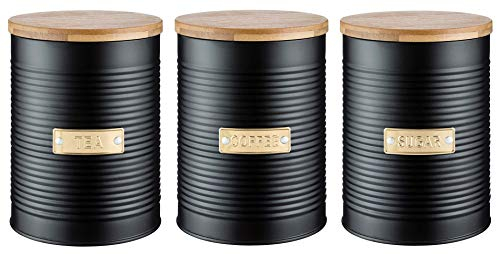 Typhoon Otto Tea, Coffee and Sugar Storage Canister with Bamboo Lid, Set of 3, Black, 1 Litre