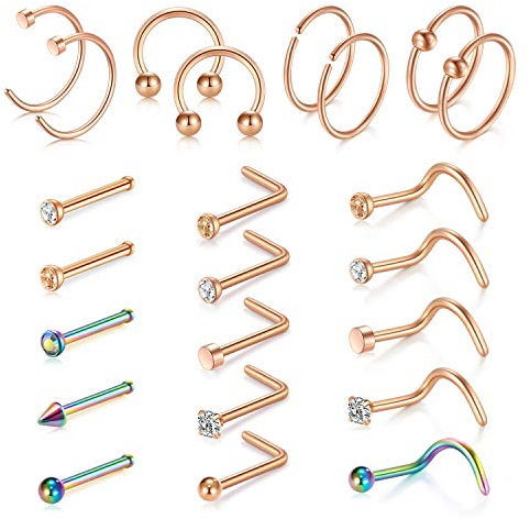 D.Bella 18G Nasenpiercing 316L Chirurgenstahl Nasenringe Nasenstecker L Förmig Spirale Nase Stecker mit Strass Nasenpiercing Schmuckset 23 Stk Rosegold Regenbogen Farbe