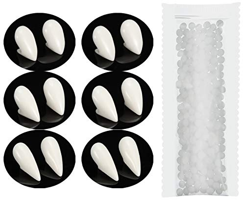 6 Paia Zanne dei Denti del Vampiro, Cosplay di Festa di Halloween Decorazione per Protesi Dentarie con Pellet di Denti Adesivo per Feste in Costume di Halloween, 13/ 15/ 17 mm (Bianco)