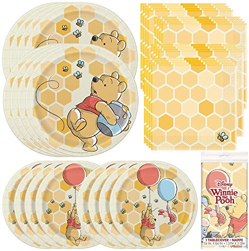 Unique Disney Winnie The Pooh - Vajilla para fiestas, servilletas de almuerzo, platos de cena y postre, ideal para fiestas temáticas, cumpleaños de niños y Halloween, con licencia oficial de Unique
