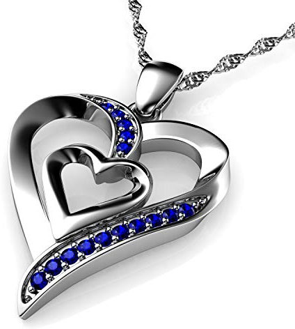 DEPHINI – Collar de corazón – Plata de ley 925 – Colgante de corazón de amor doble – Cristales de circonita azul – Joyería fina collar de mujer – Cadena de plata chapada en rodio de 45 cm