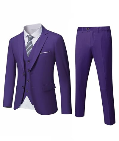 YND Ensemble de costume 3 pièces pour hommes coupe slim avec cravate, veste de blazer unie, pantalon, beige, taille UK, violet intense, XS