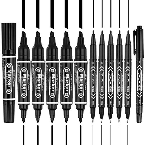 Whaline 12pcs Dual-Tip Permanent Markers 4 Sizes Marker Pen Ultra Fine Tip & Fine Tip & Chisel Tip Black Drawing Line Pen for Card Wood Glass Metal Ceramic Rock Painting Art Projects