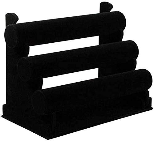 POFET 3-Bar Velvet Bracelet Holder for Watch, Necklace, Jewelry Display Rack and Tangle Free Organizer Stand Black