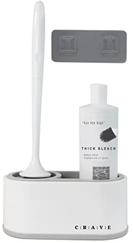CRAVE Silicone Toilet Brush with Holder Set and Toilet Storage Compartment for Toilet Accessories. Grey Toilet Brush and Holder with Long Handled Flexible Toilet Cleaner Brush Flooring/Wallmount.