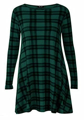 Women Long Sleeve Printed Casual Swing Ladies Dress Flared Skater Smock A Line Plus Size Tops UK (Green Tartan, 18)