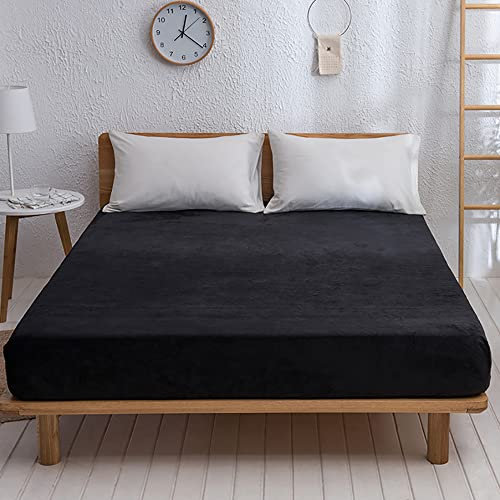 Nayoroom Spannbettlaken Plüsch 180x200cm Schwarz Flauschig Fleece Winter Spannbetttuch Cashmere Touch Flanell Bettlaken für Boxspringbett Topper Matratze bis 25cm