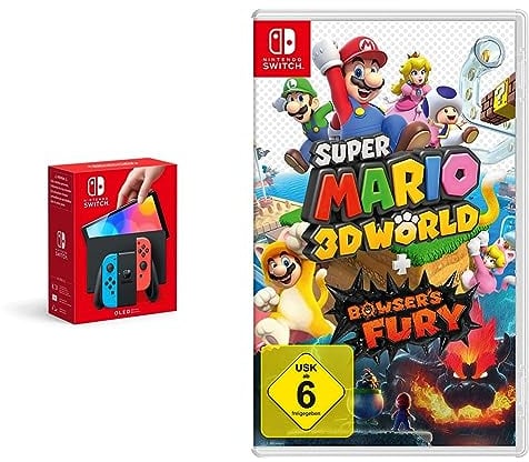 Nintendo Switch (OLED-Modell) Neon-Rot/Neon-Blau + Super Mario 3D World + Bowser's Fury - [Nintendo Switch]