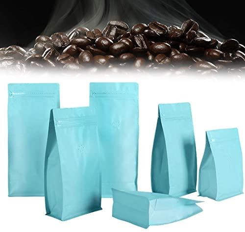 Matte Coffee Beans Bags with Degassing Valve Foil Stand-up Food Zip Lock Storage Bags Pouches Airtight Flower Tea Snack Dried Fruit Food High Barrier 50 Pack (Sky Blue) (8 OZ)