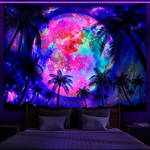 Racunbula Schwarzlicht Mond Galaxie Weltraum Tropische Kokospalme Wandteppich UV Sterne Sternenhimmel Aurora Natur Wandbehang für Schlafzimmer