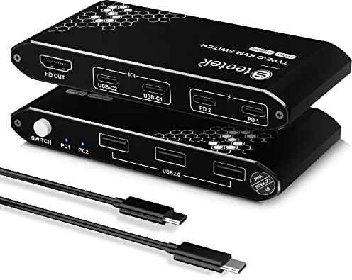 Switch KVM USB C 2 in 1 Out,4 K @60 Hz, KVM Switches USB2.0, HDMI 2.0, PD3.0, Type C, USB C KVM 2 PC 1 Monitor Switch,Interruttore a bottone, con 2 pezzi completamente funzionante cavo di tipo C