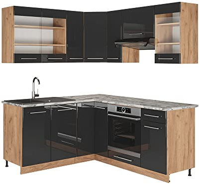 Vicco Eckküche Fame-Line, Anthrazit Hochglanz/Goldkraft Eiche, 160 x 190 cm ohne Arbeitsplatte