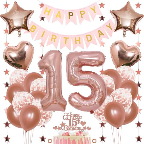 Jxuzh 15. Geburtstag Dekoration Mädchen Deko 15. Geburtstag Mädchen Luftballon 15. Geburtstag Rosegold Geburtstagsdeko 15 Rosegold Happy Birthday 15 Geburtstag Deko 15 Jahr Geburtstag Mädchen 33pcs