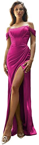 Vestidos de graduación para mujer, largo de satén de seda con hombros descubiertos, vestido formal de fiesta con abertura, fucsia, 46
