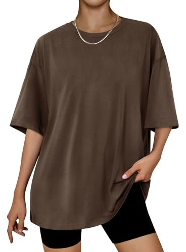 Trendy Queen Damen Oversized T Shirts Loose Fit Baumwolle Rundhalsausschnitt Kurzarm Tops Sommer Casual Bluse 2023 Y2K Basic Tee, Kaffeebrown, XX-Large