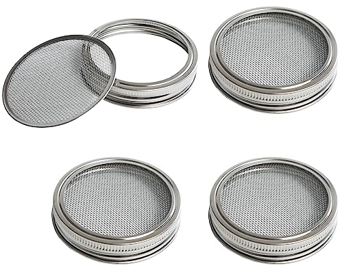 4 Pack Mesh Strainer Jar Stainless Steel Sprouting Jars Mason Wide Mouth Canning Lids for Growing Bean, Seeds and Salad