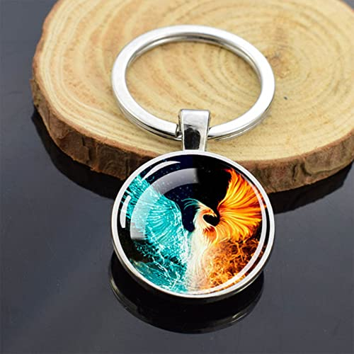 RUBA Feuer Phoenix Glas Ball Schlüsselanhänger Doppelseitige Auto Schlüsselanhänger Holz Handwerk Anhänger Schlüsselanhänger Yin Yang Vögel Tiere Schmuck Geschenk(1,1)