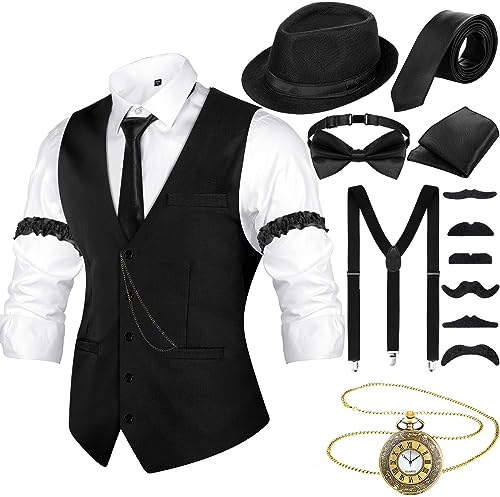 20er Jahre Herren Accessoires mit Weste Fedora Hut Taschenuhr Fliege Krawatte Hosenträger und Requisit (Schwarz, L)