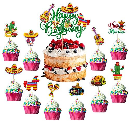 Lot de 41 décorations de gâteau d'anniversaire avec raquettes en forme de guitare, cactus, âne, poivre, Mexique, Fiesta pour fête prénatale sur le thème de la fête mexicaine, vert 2
