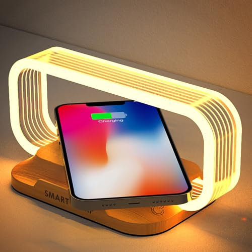 Wanjiaone Lámpara de Mesita con Cargador Inalámbrico,Lámpara de Escritorio Táctil,Mini Lámpara de Mesa con 3 Modos de Color e Regulable,Luz de Noche con Cargador de Inducción para Lectura,Oficina