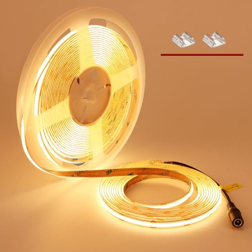 TOPAI COB LED Streifen 10M Warmweiss, 24V LED Strip 2700K Sehr Hell 7000lm CRI>93, LED Band warmweiß Selbstklebend,384LED/M Non Wasserdicht Flexible Schneidbar für Innen Heim Küche Deko