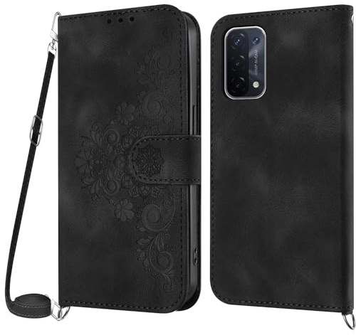 Netany Handykette Hülle für Oppo A74 5G / A93 5G / A54 5G, Handyhülle Hülle mit Kette Klappbar, PU Leder Necklace Klapphülle und Umhängeband Lanyard Flip Stoßfest Schutzhülle mit Band (Schwarz)