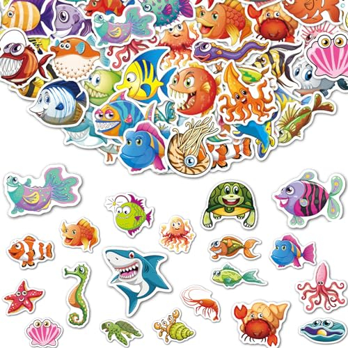 100 Stücke Sticker Kinder,Meerestiere Aufkleber Kinder,Sticker Tiere,Wasserfest, Lustige Lustige Meerestiere Tiermuster,Tiermuster Sticker für Jungen Mädchen