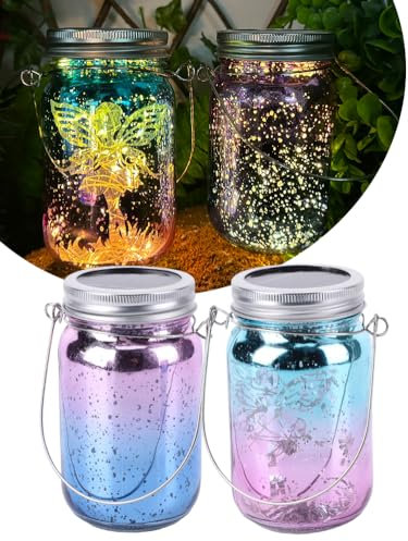 Schmetterlingsfee Solarglas,2 Stück Solar Laterne für Garten, Hängend/Stehend Solarlampen für Außen,Wasserdicht Solar Einmachglas Lichter für Drauße Party balkon deko
