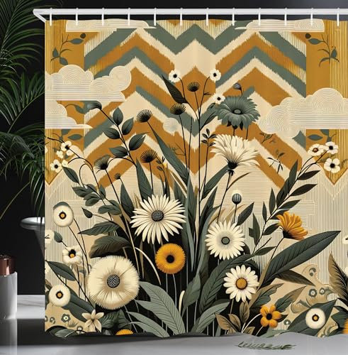 ABAKUHAUS Blumiger Eukalyptus Duschvorhang, Blumen Wolken Zigzags mit Mid Century Modern Boho Einflüssen, Stoffliches Gewebe Badezimmerdekorationsset mit Haken, 175 x 180 cm, Amber Lorbeergün