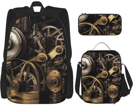 Steam Machinery 3 Pcs Print Backpack Sets Casual Daypack with Lunch Box Pencil Case for Women Men, Black, One Size