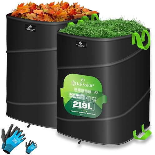 KESSER® Pop-Up-Gartensack 2x 219L Set Laubsack Gartenabfallsack inkl. Handschuhe | Selbststehend mit Griffen Stabil Robust & Faltbar | Laubsäcke Rasenschnitt Gartensäcke für Gartenabfälle Grünschnitt