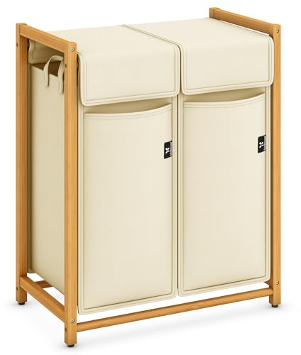 AdelDream Wäschekorb bambus Wäschesortierer Wäschesammler 2 Fächer Wäschewagen mit abnehmbaren Wäschesack Wäschebox Laundry Basket 100L Beige