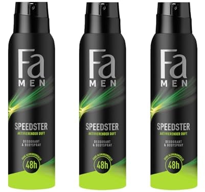 FA Deospray Men Speedster mit Taurin (3x 150 ml) aktiviere deinen Körper, Geist & Sinne mit dem erfrischenden Duft von Zitrus & Zitronengras