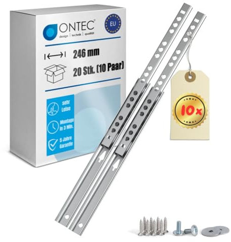 ONTEC Schubladenschienen 246mm 10er SET - 17mm Nut Schubladenauszug inkl. Schrauben Extra Stabil Schubladen Schienensystem 12kg Traglast Auszugschienen - Leichte Montage