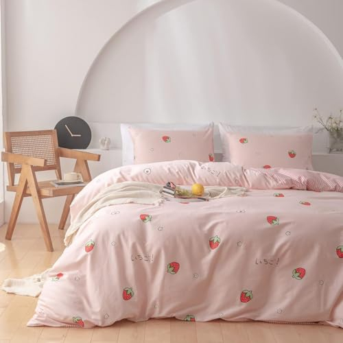 Nyescasa Bettwäsche 135x200 2 Teilig Rosa Erdbeere Bettwäsche-Set Mädchen Erdbeere Streifen Wendebettwäsche Kinder Mikrofaser Niedliche Früchte Bettbezug mit Reißverschluss und Kissenbezug 80x80cm