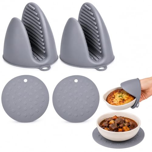 CZAYEFNH 1 Paar Silikon Ofenhandschuhe Verdicken mit 2 Topfuntersetzer, Mini-Ofenhandschuh, Mini Ofen Mitts, wasserdichte Topfhandschuhe, für Küche Kochen Backen Grillen Mikrowellenofen (Grau)