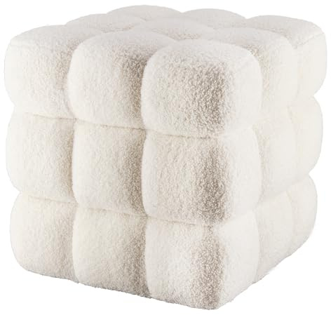 ALPOME White Sherpa Square Ottoman - 17.3 Large Boucle Cube Pouf with Sturdy Wood Frame, 330lbs Capacity Modern Fuzzy Vanity Stool & Footrest for Living Room, Bedroom - Fully Assembled