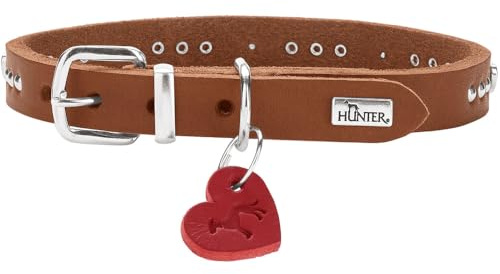 HUNTER Hundehalsband Aalborg Hearts, Farbe: Cognac, hochwertiges Softvollrindleder, weiches & Komfortables Tragegefühl, mit Nieten & Herz-Details, Herzanhänger, Made in Germany, Größe: 32