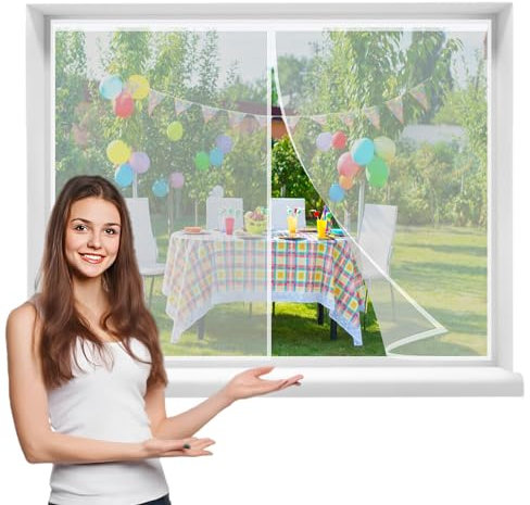 Magnet Fliegengitter Fenster, 145x70cmFliegengitter BalkonFenster, Insektenschutz BalkonFenster mit Magnetband - Fliegengitter ohne Bohren - Insektenschutz Vorhang，Weiß