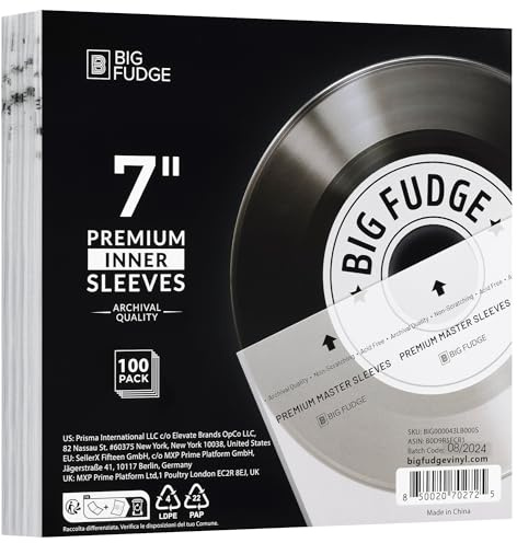 Big Fudge 100x Premium Vinyl Record Inner Sleeves - Clear Album Sleeve Covers with Anti-Static Rice Paper - Vinyl Sleeves - Acid Free Protective Cover for 17.8cm (7) Records