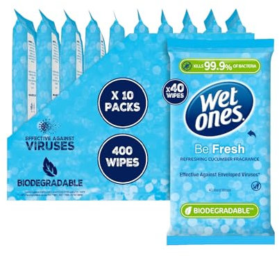 WET ONES - Be Fresh, Plastic Free Antibacterial Biodegradable Hand Wipes, 400 Total - 10 packs x 40 wipes