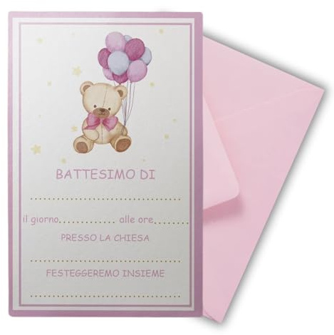 PRINTSERVIS Set mit 20 personalisierten Einladungen zur Taufe mit Umschlag – Format 120 x 95 mm aus Karton, ideal für Jungen und Mädchen (rosa Bär und Luftballons)
