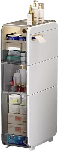 Organiseur étroit en plastique pour lavabo de salle de bain – Meuble de rangement vertical avec tiroirs et roulettes transparents, armoire fine et haute pour papier toilette pour étagères de salle de