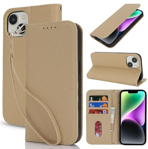 Lipvina Coque pour iPhone 14/13 en Cuir Portefeuille avec Porte Carte et Rabat Clapet - Etui Antichoc Magnétique pour Protection Complète de Votre iPhone 14/13,Brune.