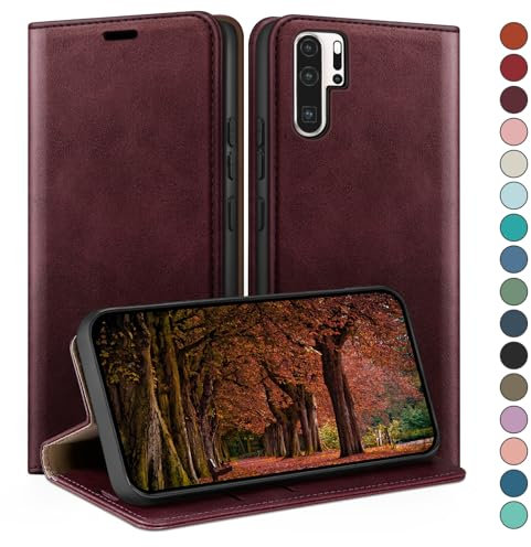 HUOUH für Huawei P30 Pro Hülle mit RFID Schutzhülle aus Lederhülle Handyhülle,Kartenfach Leder ständer Handy hülle,360 Grad Schutz Cover für Huawei P30 Pro Klapphülle Wallet Case Rotwein