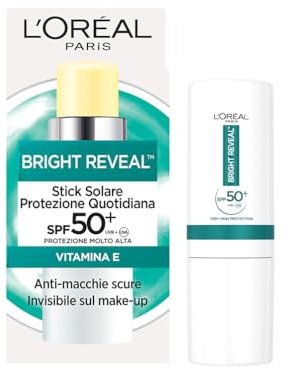 L'Oréal Paris Stick UV Protettivo Anti-Macchie, Per Tutti i Tipi di Pelle, Macchie Ridotte e Pelle Protetta dai Raggi UV, Finish Invisibile, Con Protezione SPF50+ e Vitamina E, Bright Reveal, 9 gr