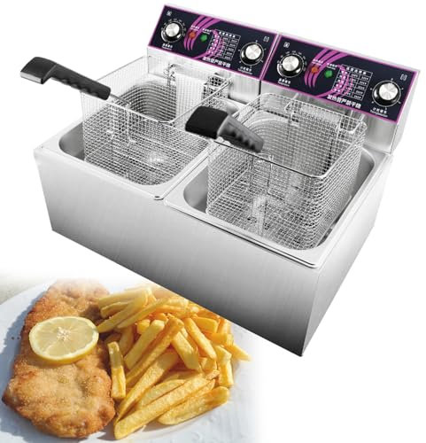 GESAIDES Freidora Comercial, Freidora Eléctrica con Cestas, Freidora de Aceite de Encimera de Acero Inoxidable Espesado, con limitador de Temperatura,2x8L